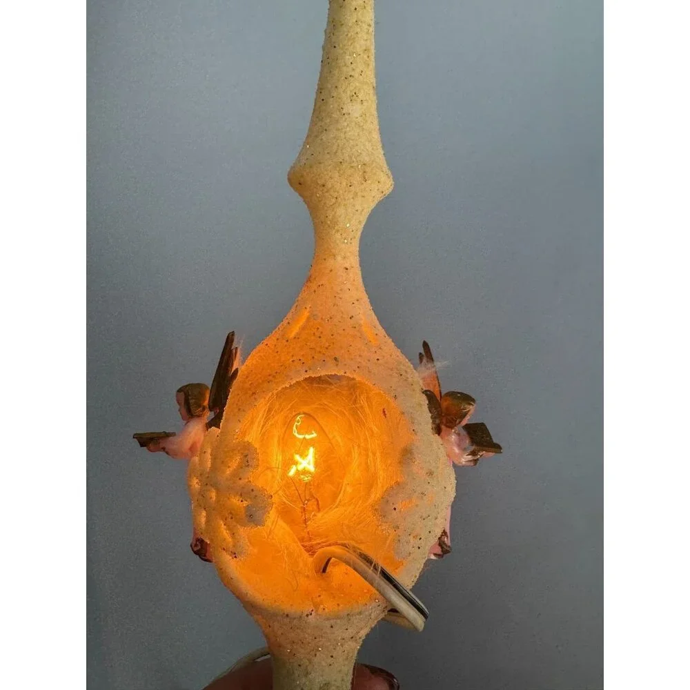 Vintage Celluloid Flocked Angel Christmas Tree Topper Lighted Germany 12
